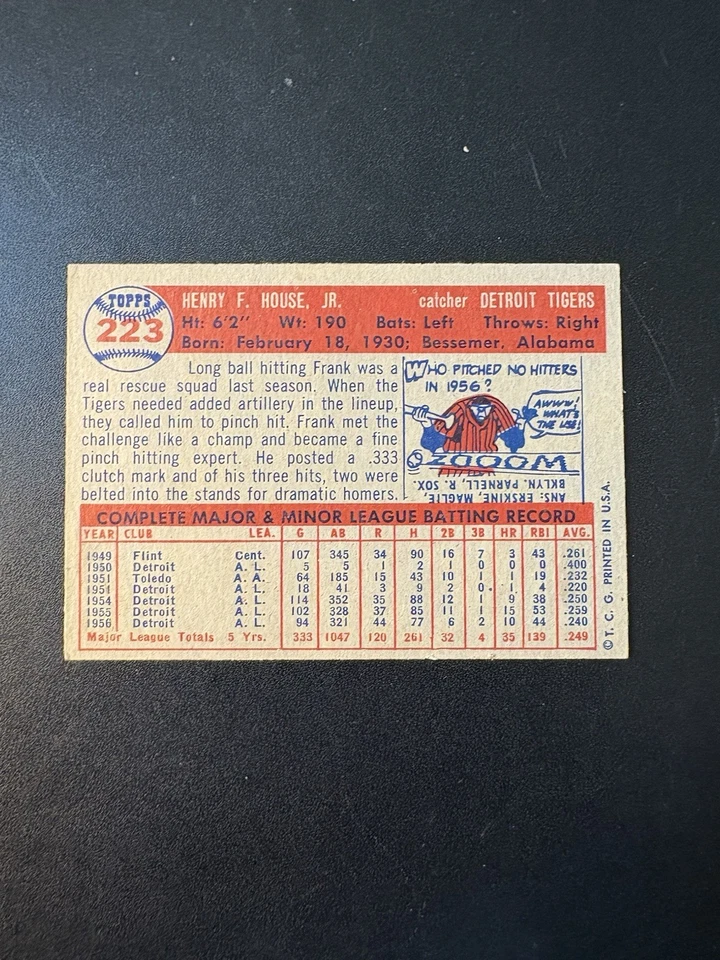 1957 Topps Baseball #223. Frank House. NM+. Gradable. No Defects. Very Sharp . - Image 2 of 2