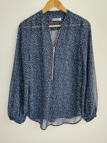 Mint Velvet Blouse Size 10 Blue & Black Patterened Long Sleeve Chiffon Womens - Picture 5 of 11