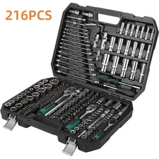 216PCS Mechanics Tool Kit 1/2" 1/4" 3/8" Drive Socket Wrench Set Household Auto