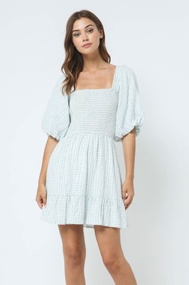 Fore Collection Light Sage Gingham Bubble Sleeve Women's Mini Dress