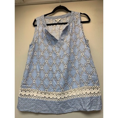 Crown & Ivy Sleeveless Top Women Large Blue Excellent Geometric Crochet Lace