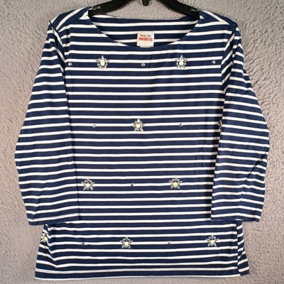 Ruby Rd. Womens Blue White Striped Top Size Large Embroidered Bejeweled Classic