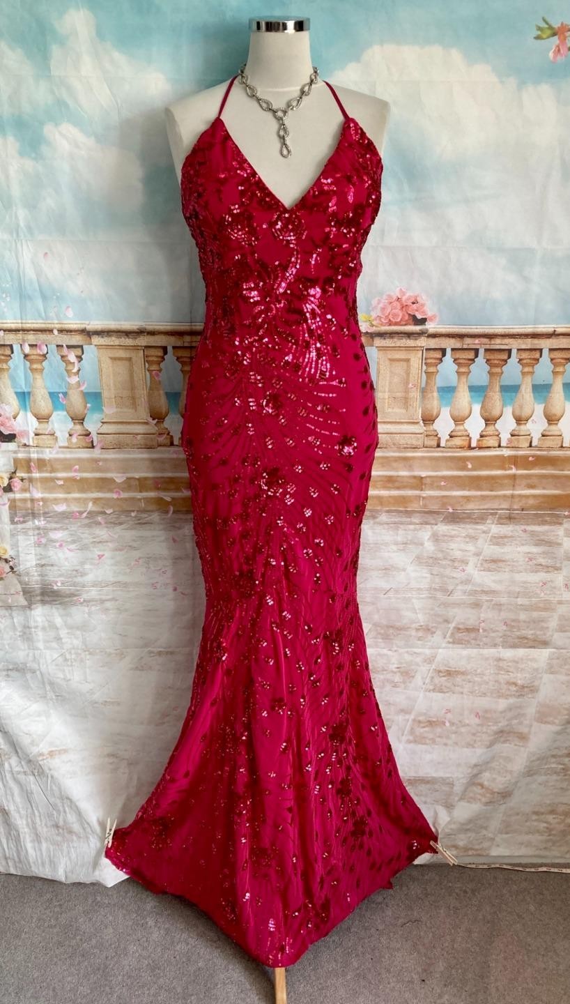 Evening Maxi Dress 12 Pink Sequin Quiz Fishtail Crossback Prom Train Backless