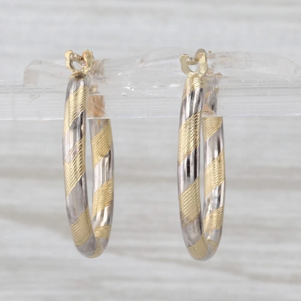 Multitoned Hoop Earrings 14k Yellow White Gold Snap Top Hoops - Image 3 of 4