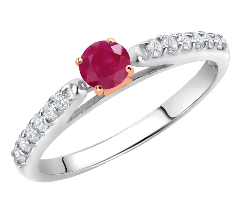 Anillo de compromiso de oro de dos tonos de 10 quilates de 0,44 quilates de corte redondo de rubí y piedras preciosas de moissanita Foto 2 de 4