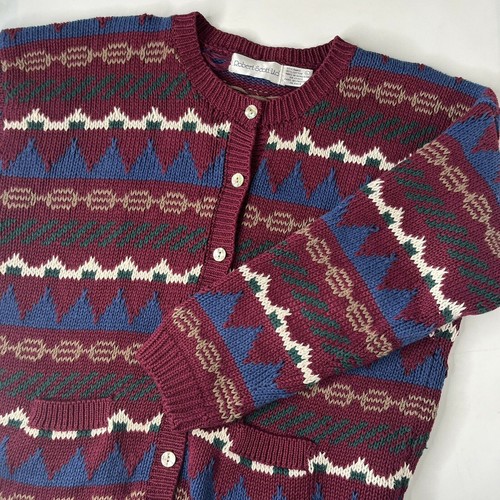 Robert Scott Ltd Knit Geometric Pattern Maroon Cardigan Sweater size large