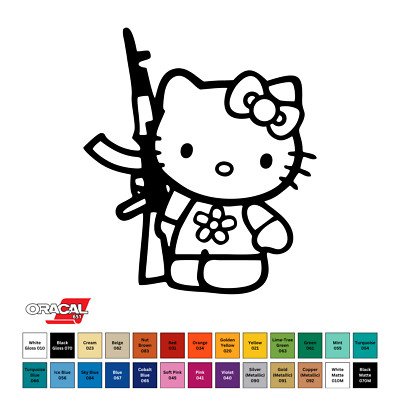 Hello Kitty with AK-47 Permanent Vinyl Sticker Decal 4'' x 3.5'' CHOOSE COLOR