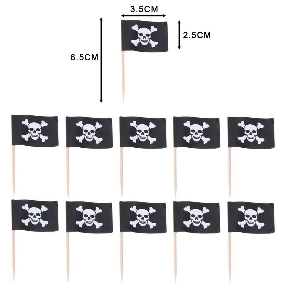 50-Pack Pirate Flag Cake Toppers - Skull & Crossbones Toothpick Flags For Party Decor