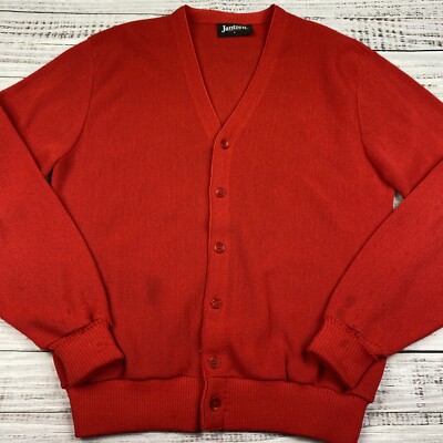Vintage 70s Jantzen Red Polyester Cardigan Sweater Mens Sz L Vintage 70s Jantzen Red Polyester Cardigan Sweater Mens Sz L