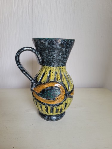Lava Glaze Art Pottery Pitcher Vase Italy Bitossi Style Black Yellow Orange MCM - Picture 4 of 11