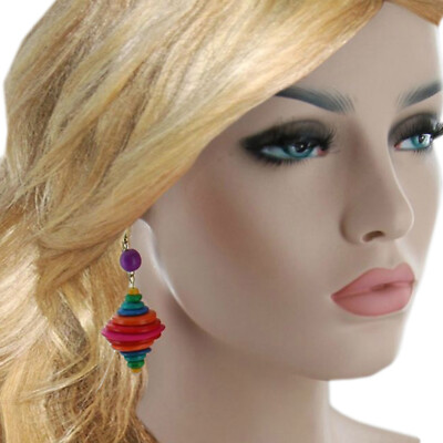 Tropical Large Multicolor Pierced Earrings Wood Beaded Dangle 3 1/2''