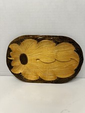 Vintage Floral Motif Artisan Hand Carved Wood wooden Platter Tray Relief Panel