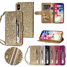 For iPhone 12/11 Pro Max XS XR 8 7 6 Bling Glitter Leather Wallet Zipper Case