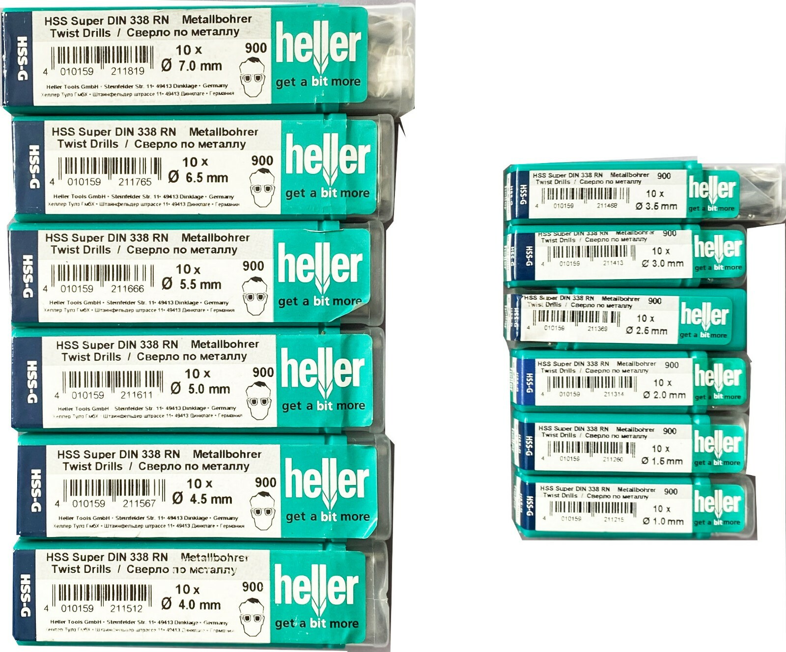 Heller HSS G Twist drill bit set 10pc 1mm 1.5, 2, 2.5, 3, 3.5, 4, 4.5, 5, 6.5, 7