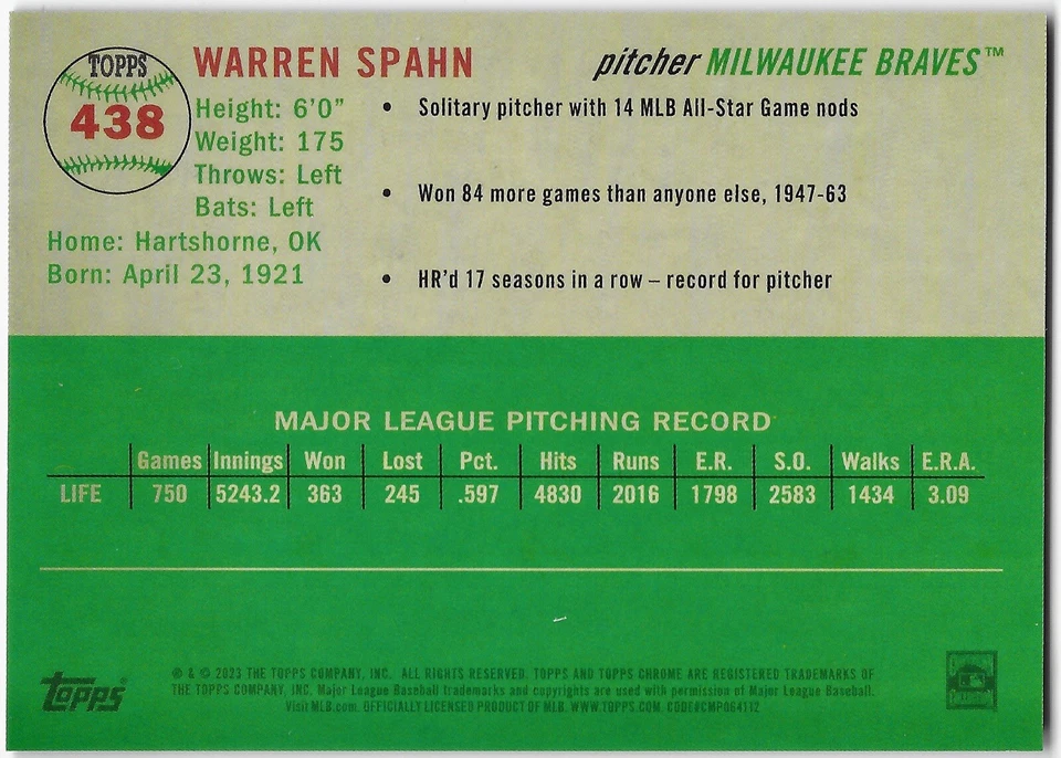 2023 Topps Chrome Platinum - Toile Cream/Fuchsia Lava /100 Warren Spahn #438 - Image 2 of 2