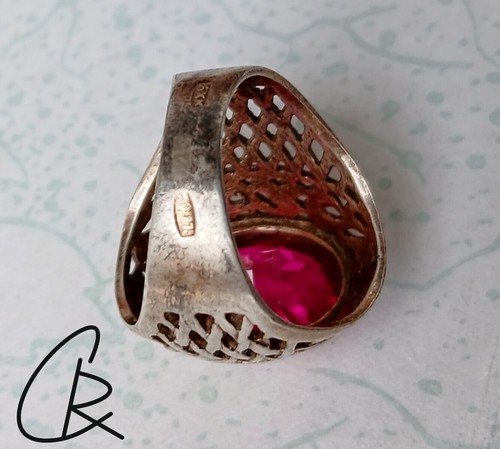 Vintage-Ring aus 875er Silber mit vergoldetem synthetischem Rubin,UdSSR/Ø 17 mm/ - Bild 6 von 8