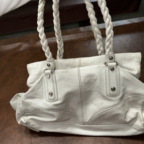 Vintage Francesco Biasia Large White Leather Braided Strap Flap Tote Purse - Picture 4 of 5