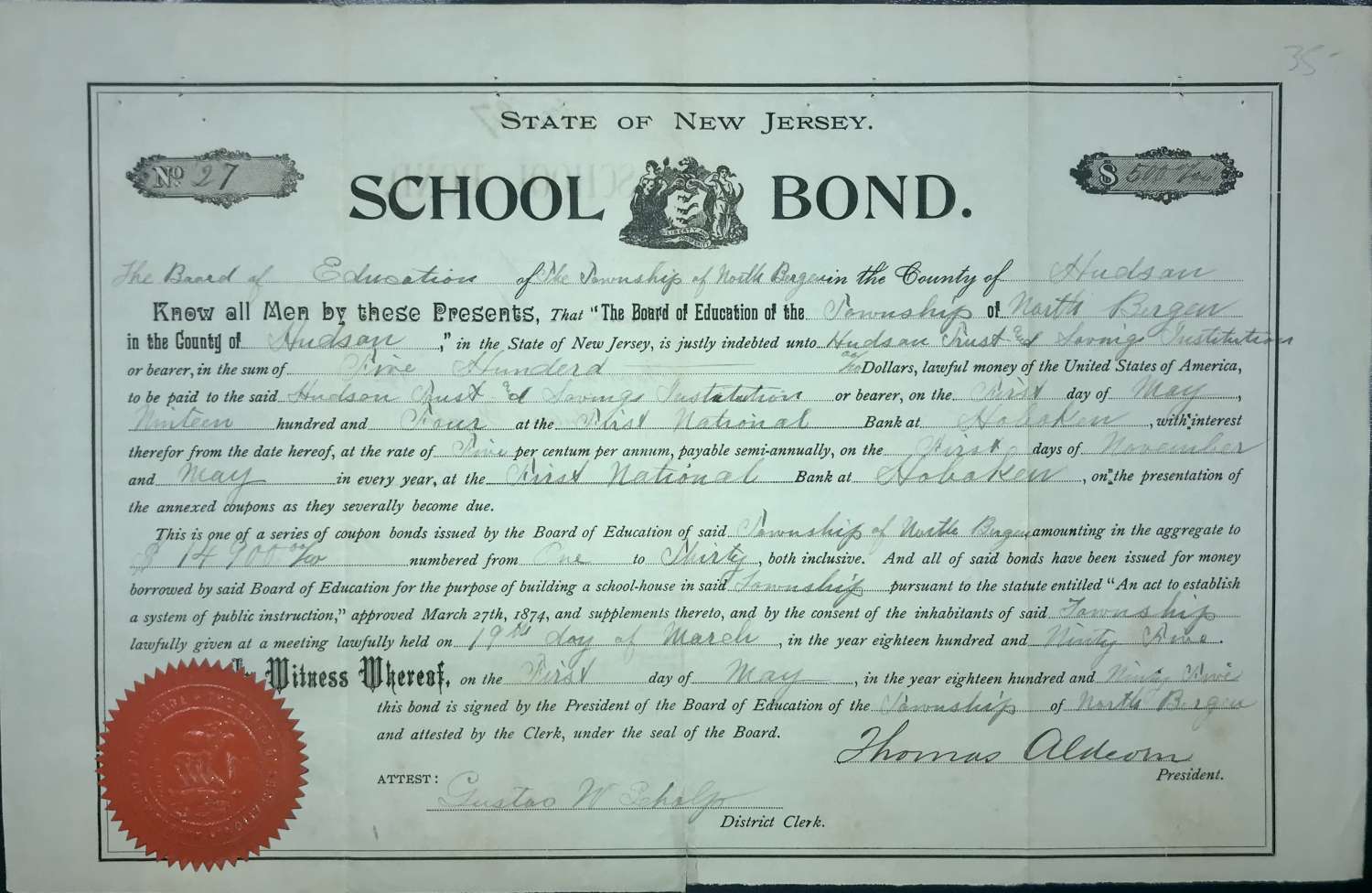 State Of New Jersey School Bond $500 1904
