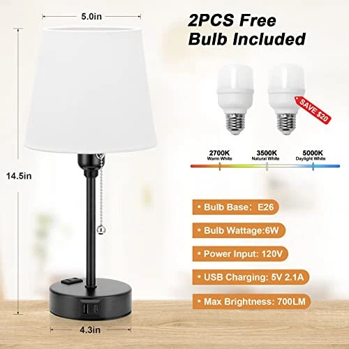 Bedside Lamps for Bedrooms, Set of 2, Mini Nightstand Lamp for Kids with 3 Color Foto 4 de 4