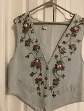 Vintage 80s 90s Handmade Embellished Painted Light Floral Denim Vest - Medium