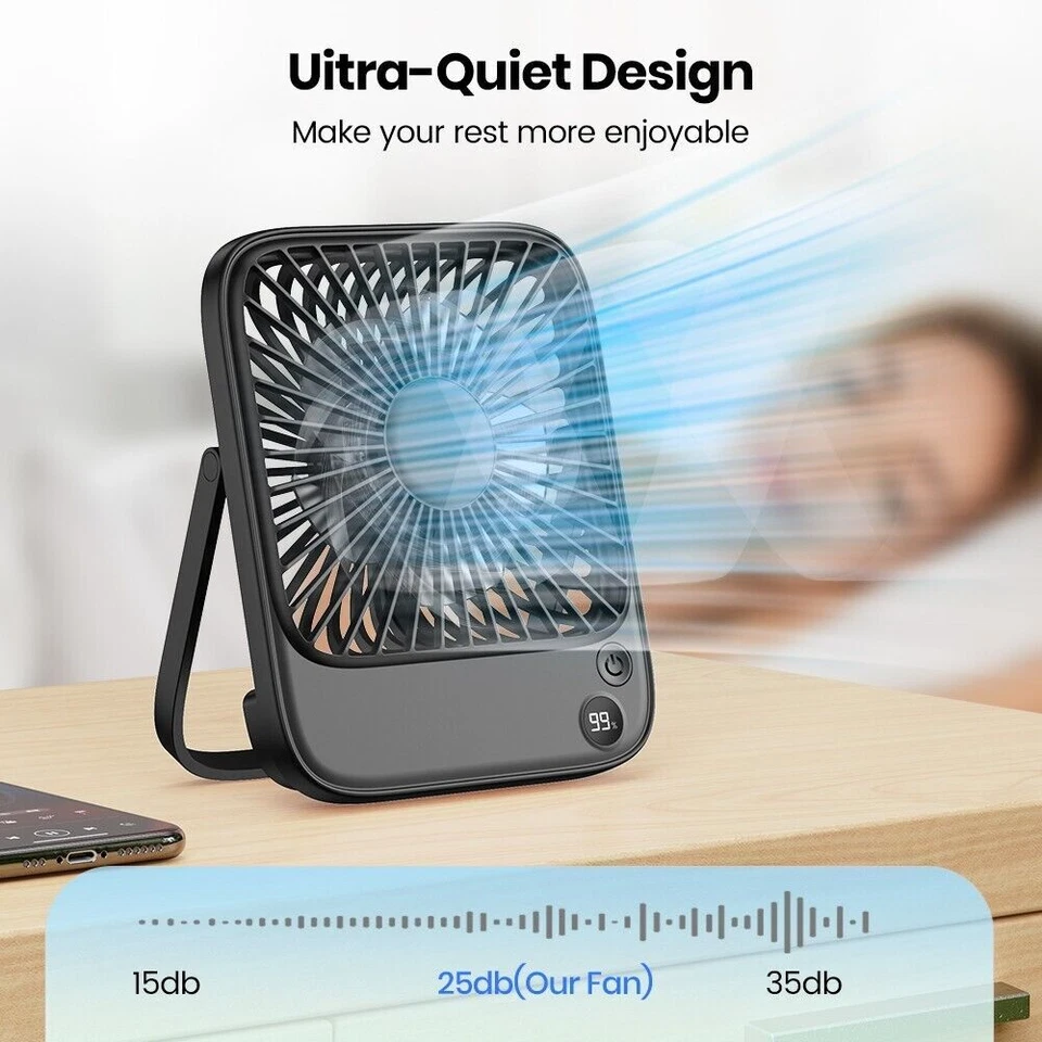 4 Speeds Desk Fan 5000mAh Rechargeable Silent Desktop Table Fan Power Display US - Image 2 of 4