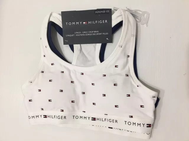 Tommy Hilfiger Girl's 2 Pack Fashion Crop Bras White Flag/Blue Size M  (8-10)