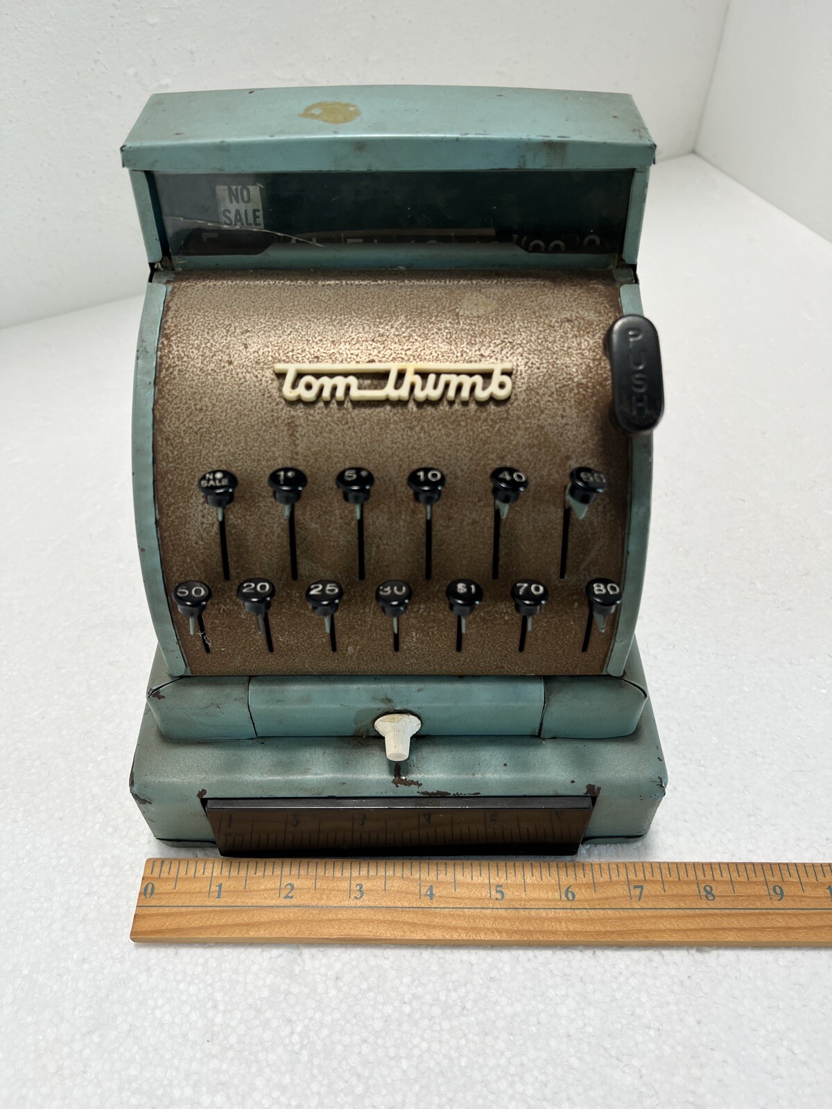 как выглядит Tom Thumb Vintage Metal Cash Register Toy Western Stamping Blue Green Working фото