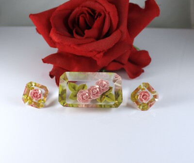 Vintage Resin Pink Rose Flower Pin Earrings Set CAT RESCUE