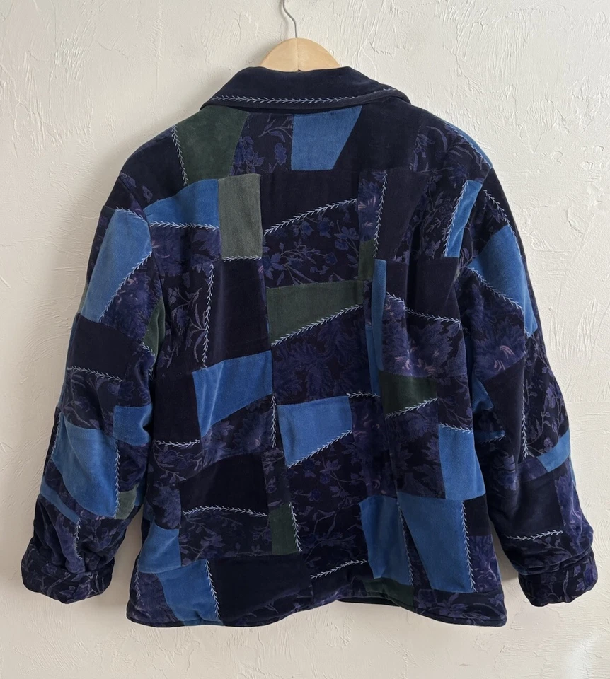 Abrigo acolchado vintage April Cornell azul verde terciopelo retazos abotonados talla M Foto 3 de 4