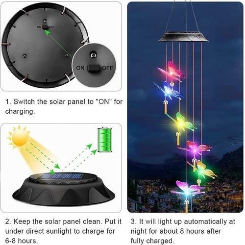 Solar Windspiel Kristall Schmetterling mit 6 Nahrung Wünsche Glocken Hof Garten Deko - Bild 4 von 8