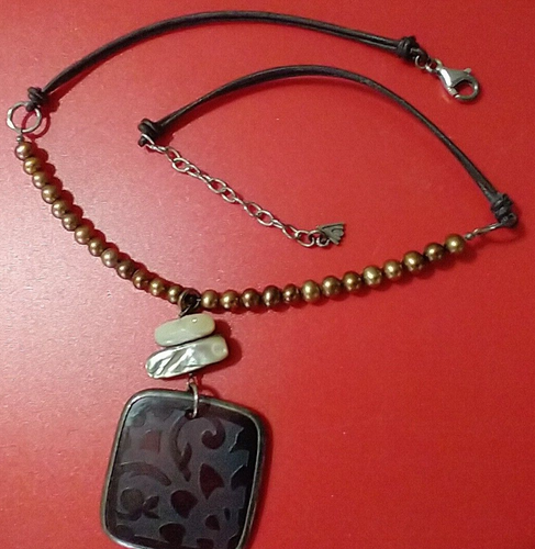 SILPADA .925, BRONZE PEARL, ETCHED PENDANT SHELL, LEATHER NECKLACE N1803 RETIRED - Picture 6 of 8