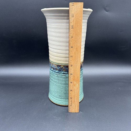 Studio Pottery Vase 11.5” Color Block Turquoise Beige Signed WC - Picture 8 of 12