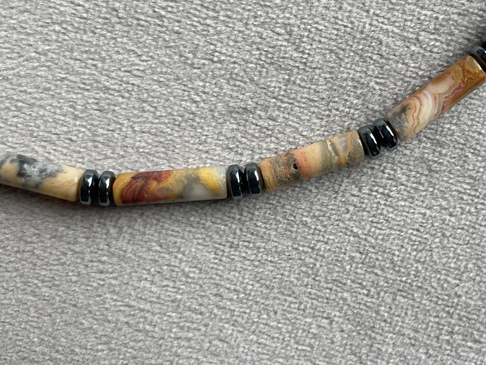 "Collar gargantilla unisex de 16,5"" de acero inoxidable con cuentas cilíndricas de tubo de ágata de encaje loco" Foto 3 de 4