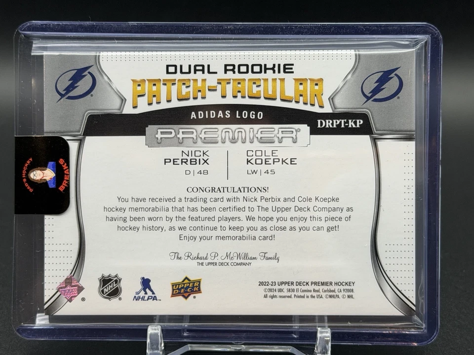 2022-23 UD Premier 1/1 Dual Rookie Patch-Tacular Nick Perbix Cole Koepke Adidas - Image 2 of 2