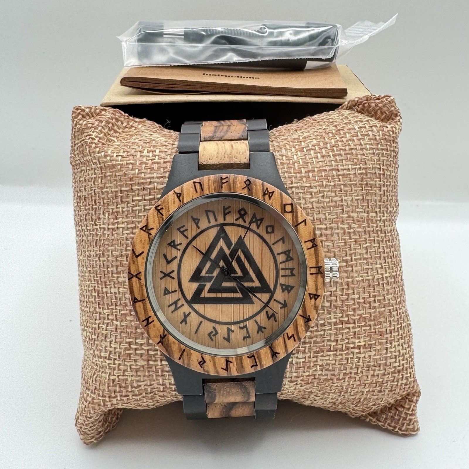 Viking Valknut Wooden Watch Black & Zebrawood Band Nordic Rune Dial Quartz