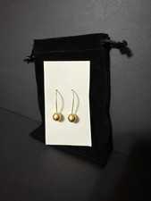 Vintage 80s Gold Tone Sphere Orb Drop Earrings Curved Wire Dangle Fish Hook Hoop