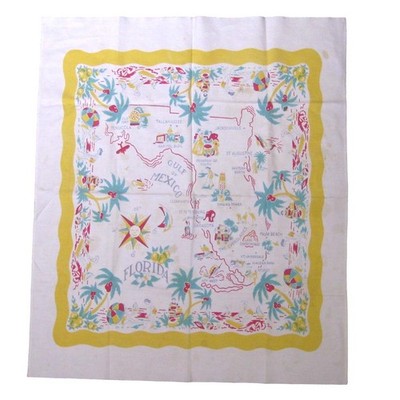Vintage Florida Souvenir Map Tablecloth Cotton Landmarks 31  X 35  Golf Beaches