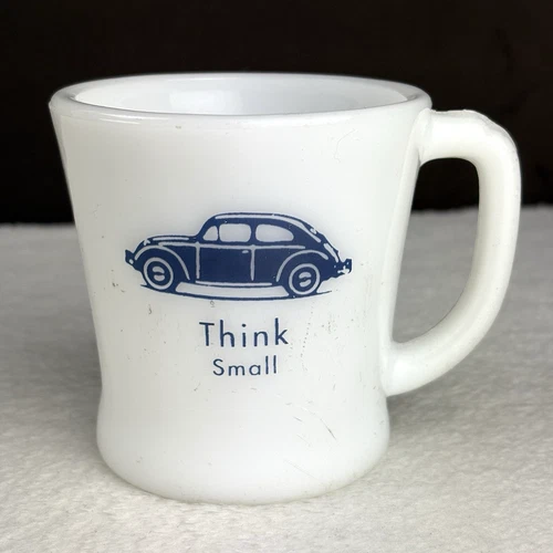 RARE! Vtg 1960s Volkswagen VW Bug Beetle Car "Think Small" Fire-King Mug READ!