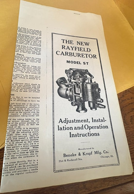 RAYFIELD CARBURETOR MODEL ST ---INSTALLATION + OPERATION INSTRUCTIONS SEE ADD