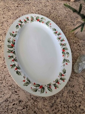 Vintage Porcelain Oval Serving Platter Holly Berry  Glossy White Made in Japan