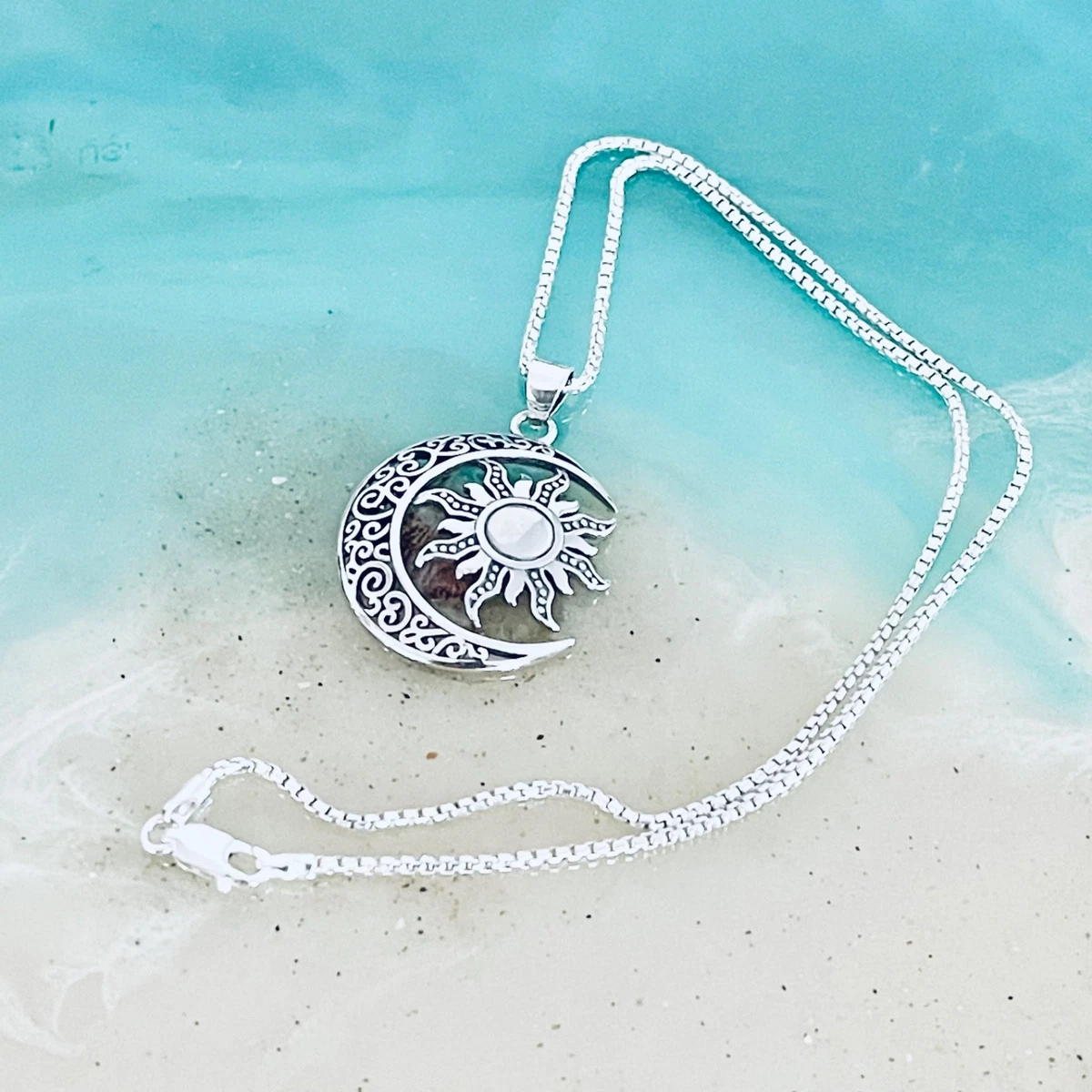 Sterling Silver Large Filigree Moon and Sun Necklace, Celestial