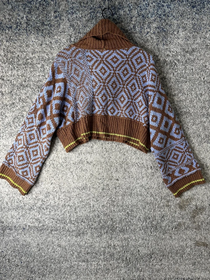 Suéter Free People Mujer Pequeño Marrón Azul Cuello Chal Recortado Tejido Geométrico Foto 4 de 4