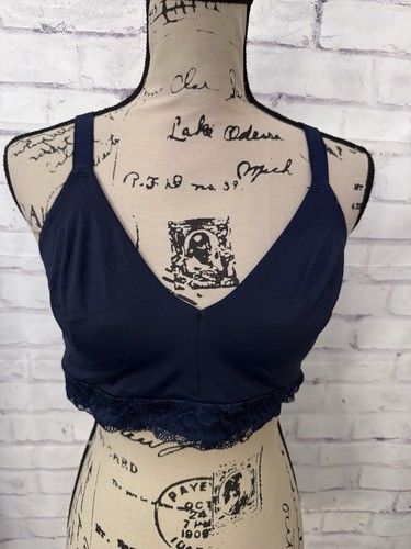 Soma Bra Embraceable Wireless Unlined Lace Trim Size Large Blue Comfort