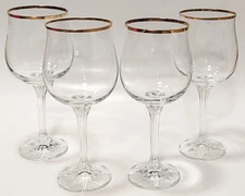 Set of 4 GENEVE Bohemia Crystalex Water Wine Goblets, Gold Trim 12 oz, 7 5/8"T