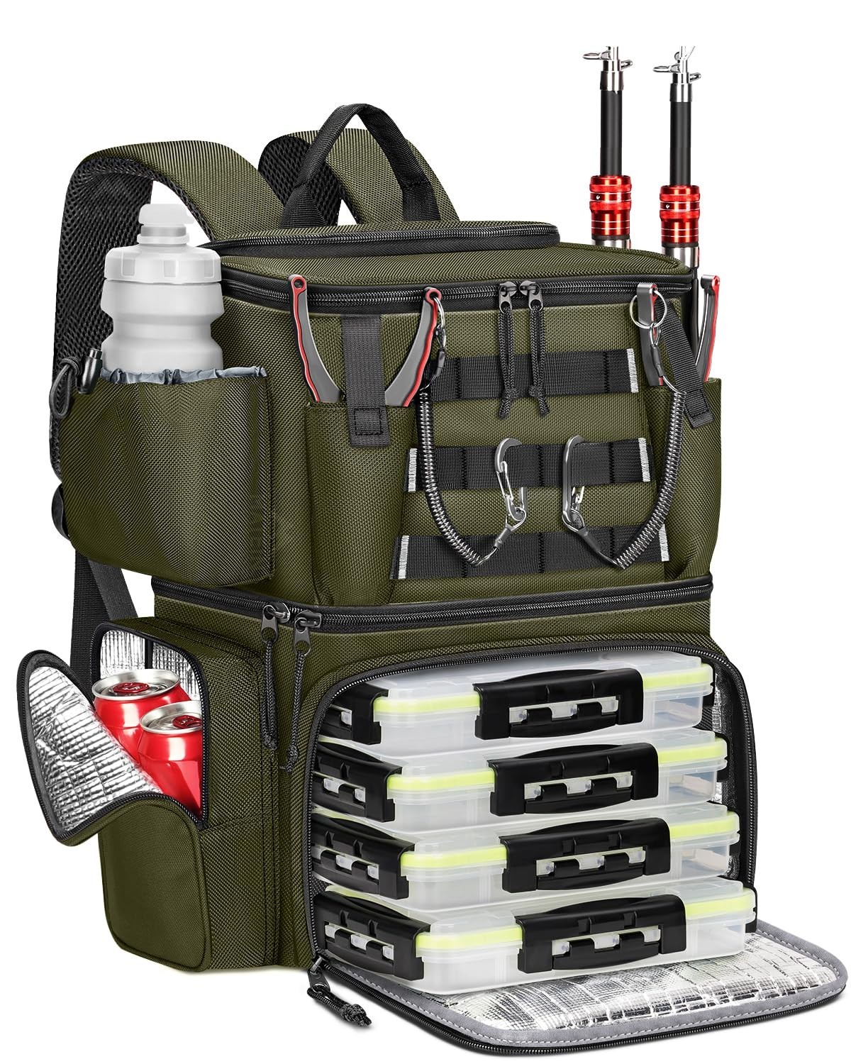 MATEIN fishing backpack 4 3600 tackle boxes dual rod holders insulated ...