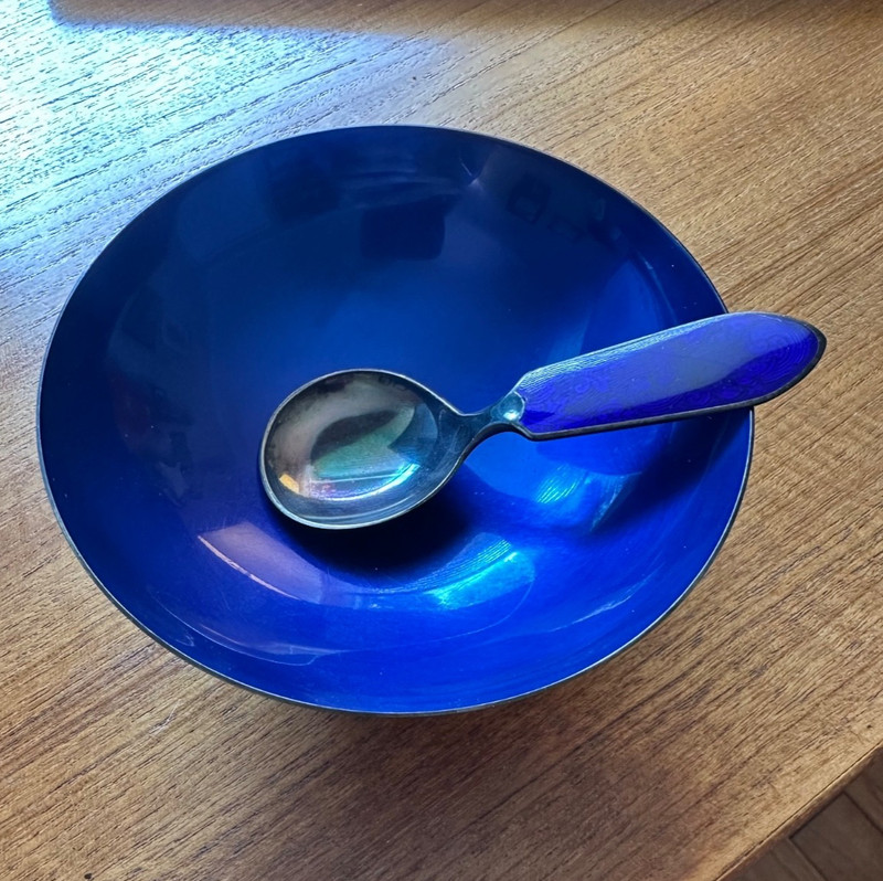 Vintage Meka Danish Silver & Cobalt Blue Bowl & Norway Sterling Silver  Spoon
