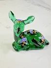 Vintage Fenton Hand-painted Spruce Green Glass Deer Figurine Floral Signed