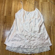 Natori Vintage Pink Satin Floral Embroidered Lace Trim Night Slip Dress M