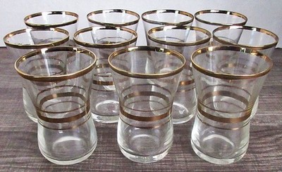Set of 11 Vintage Turkish Tea Glasses, Clear with Gold Rims...Pasabahce Model
