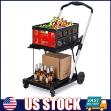 2-Tier Folding Shopping Cart ,Portable Collapsible Grocery Cart w/Wheels ,Crate